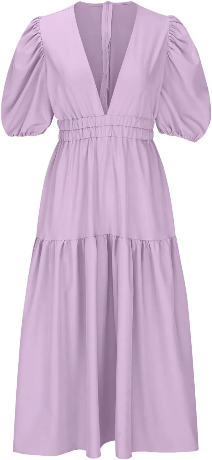 XUNRYAN Women's Summer Boho Maxi Dress 2025 Puff Sleeve Deep V Neck Boho Party Beach Tiered Ruffle Flowy Long Smocked Dresses