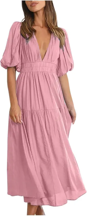 XUNRYAN Women's Summer Boho Maxi Dress 2025 Puff Sleeve Deep V Neck Boho Party Beach Tiered Ruffle Flowy Long Smocked Dresses