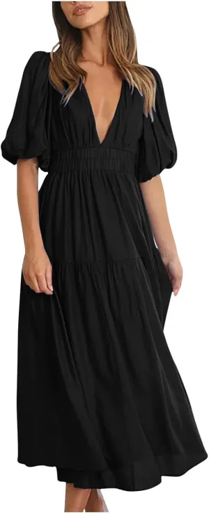 XUNRYAN Women's Summer Boho Maxi Dress 2025 Puff Sleeve Deep V Neck Boho Party Beach Tiered Ruffle Flowy Long Smocked Dresses