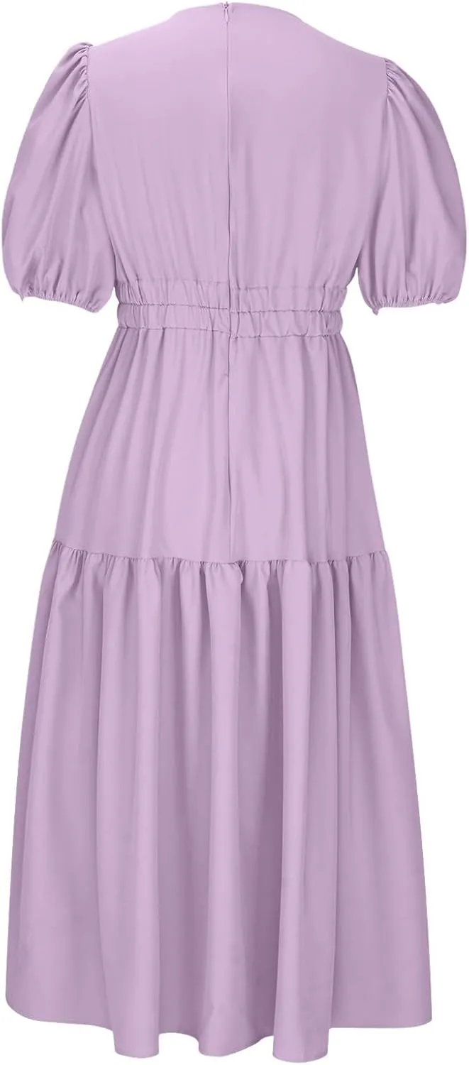 XUNRYAN Women's Summer Boho Maxi Dress 2025 Puff Sleeve Deep V Neck Boho Party Beach Tiered Ruffle Flowy Long Smocked Dresses