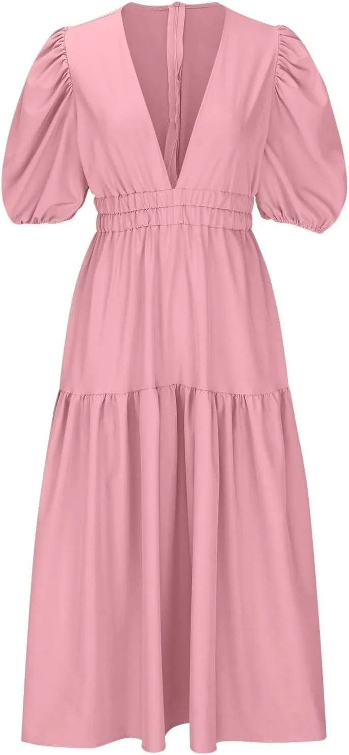XUNRYAN Women's Summer Boho Maxi Dress 2025 Puff Sleeve Deep V Neck Boho Party Beach Tiered Ruffle Flowy Long Smocked Dresses