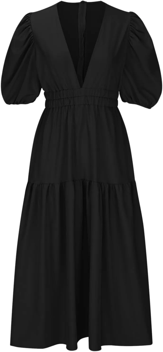XUNRYAN Women's Summer Boho Maxi Dress 2025 Puff Sleeve Deep V Neck Boho Party Beach Tiered Ruffle Flowy Long Smocked Dresses