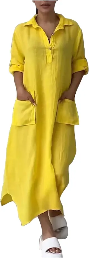 XUNRYAN Womens Summer Casual Cotton Linen Shirt Dress Roll Up Long Sleeve Maxi Dresses Beach Sundress Pockets Vacation Outfit