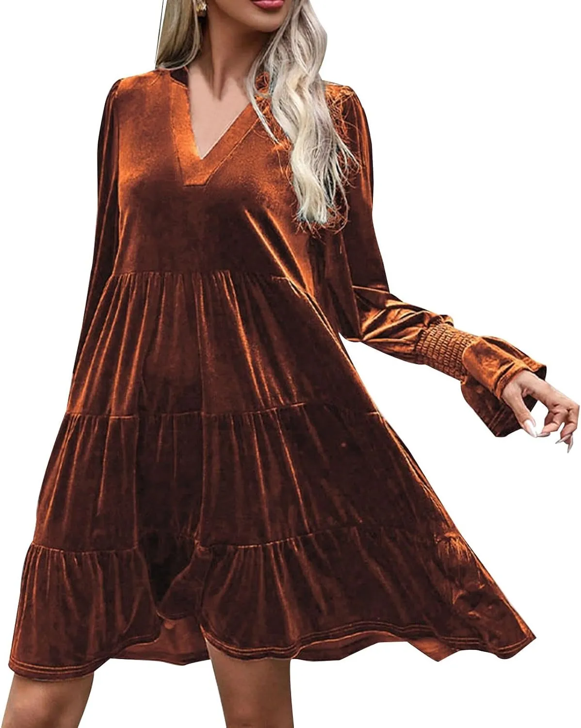 XUNRYAN Womens Velvet Long Sleeve Dress Casual V-Neck Babydoll Flowy Formal Wedding Party Mini Dresses Spring Fall Outfit