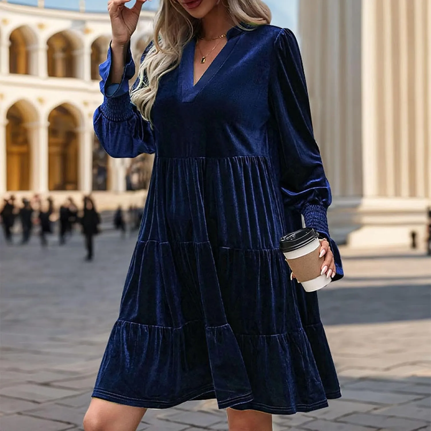 XUNRYAN Womens Velvet Long Sleeve Dress Casual V-Neck Babydoll Flowy Formal Wedding Party Mini Dresses Spring Fall Outfit