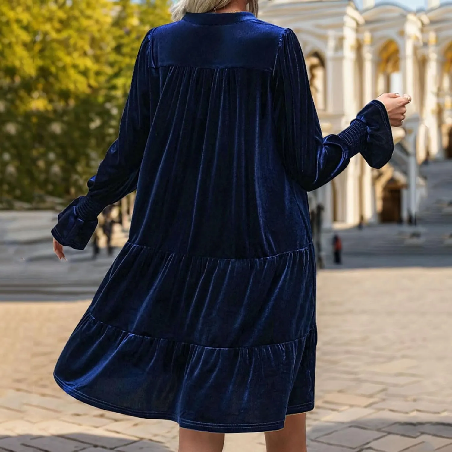 XUNRYAN Womens Velvet Long Sleeve Dress Casual V-Neck Babydoll Flowy Formal Wedding Party Mini Dresses Spring Fall Outfit