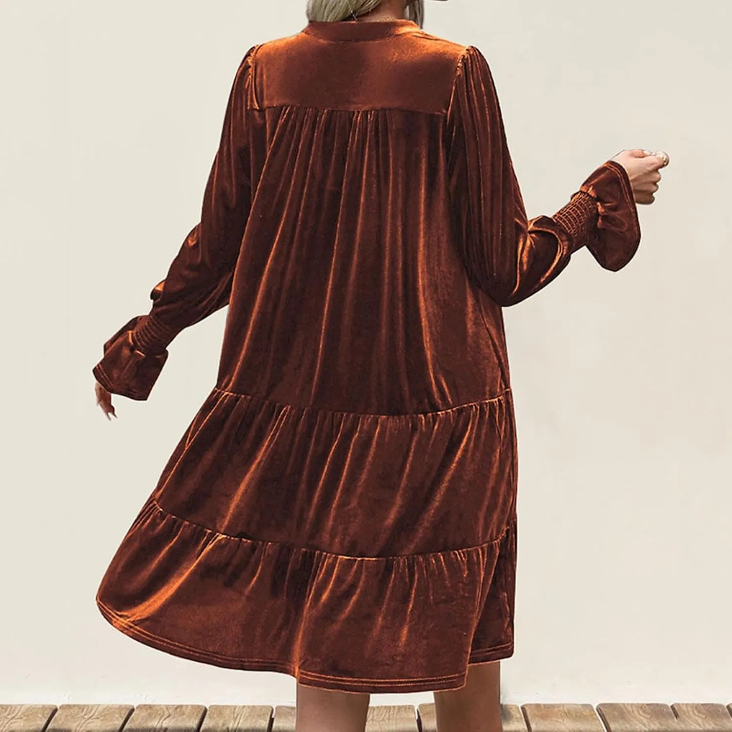 XUNRYAN Womens Velvet Long Sleeve Dress Casual V-Neck Babydoll Flowy Formal Wedding Party Mini Dresses Spring Fall Outfit