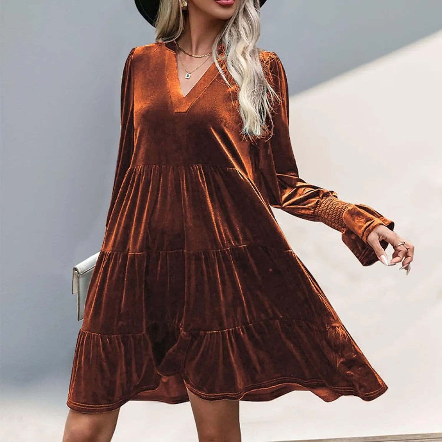 XUNRYAN Womens Velvet Long Sleeve Dress Casual V-Neck Babydoll Flowy Formal Wedding Party Mini Dresses Spring Fall Outfit