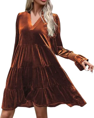 XUNRYAN Womens Velvet Long Sleeve Dress Casual V-Neck Babydoll Flowy Formal Wedding Party Mini Dresses Spring Fall Outfit