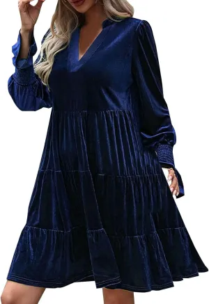 XUNRYAN Womens Velvet Long Sleeve Dress Casual V-Neck Babydoll Flowy Formal Wedding Party Mini Dresses Spring Fall Outfit
