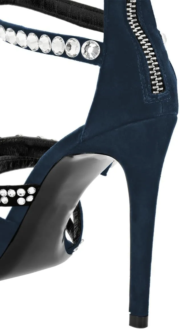 XYD Women Edgy Spikes Open Toe High Heels Sandals Rivets Crystals Back Zip Sharp Stiletto Pumps Nightclub Event Shoes