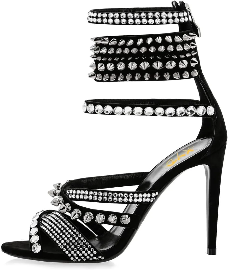 XYD Women Edgy Spikes Open Toe High Heels Sandals Rivets Crystals Back Zip Sharp Stiletto Pumps Nightclub Event Shoes