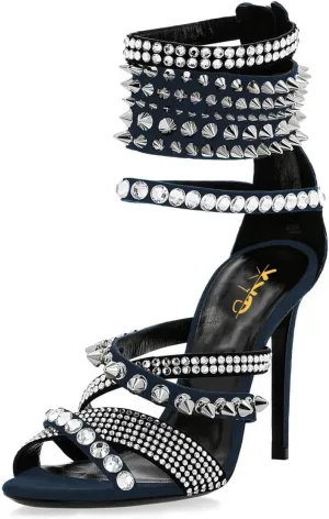 XYD Women Edgy Spikes Open Toe High Heels Sandals Rivets Crystals Back Zip Sharp Stiletto Pumps Nightclub Event Shoes