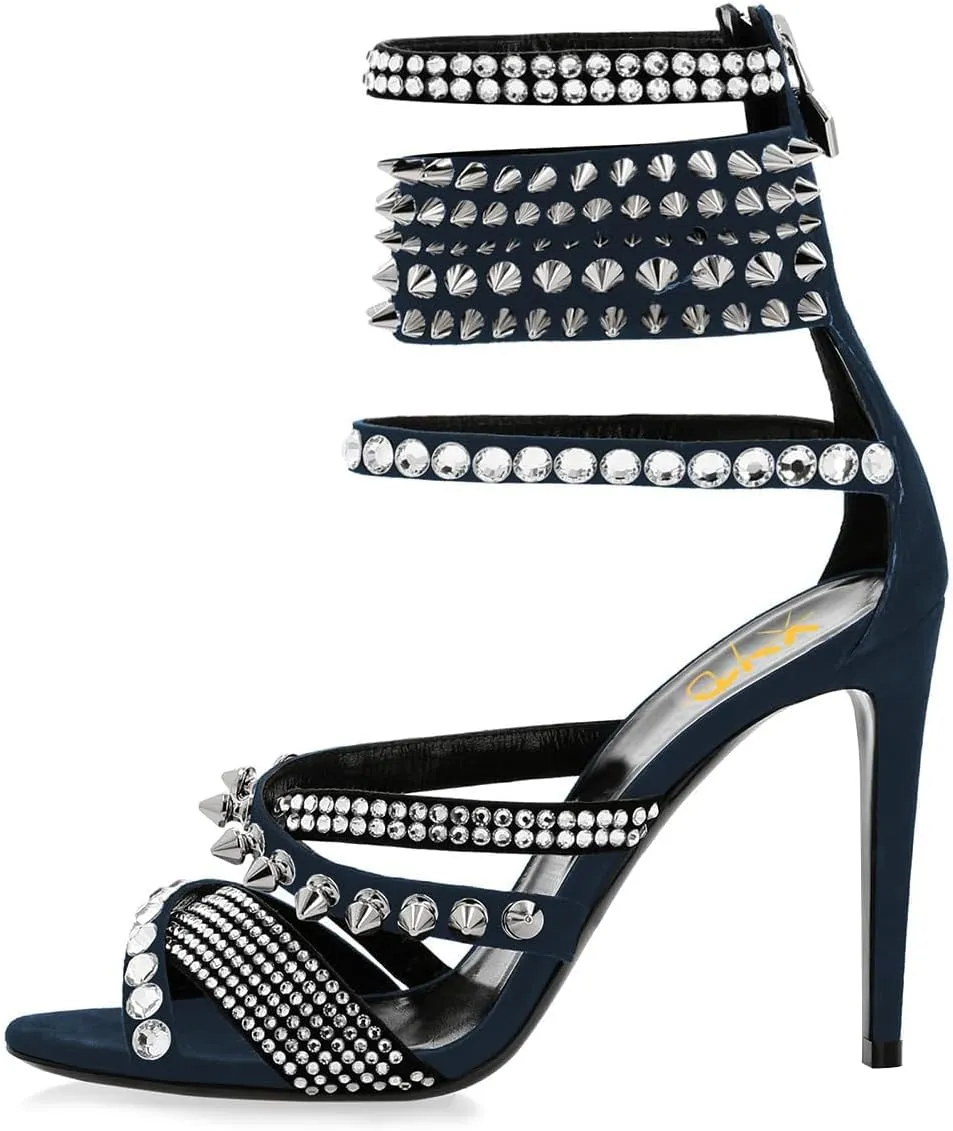 XYD Women Edgy Spikes Open Toe High Heels Sandals Rivets Crystals Back Zip Sharp Stiletto Pumps Nightclub Event Shoes