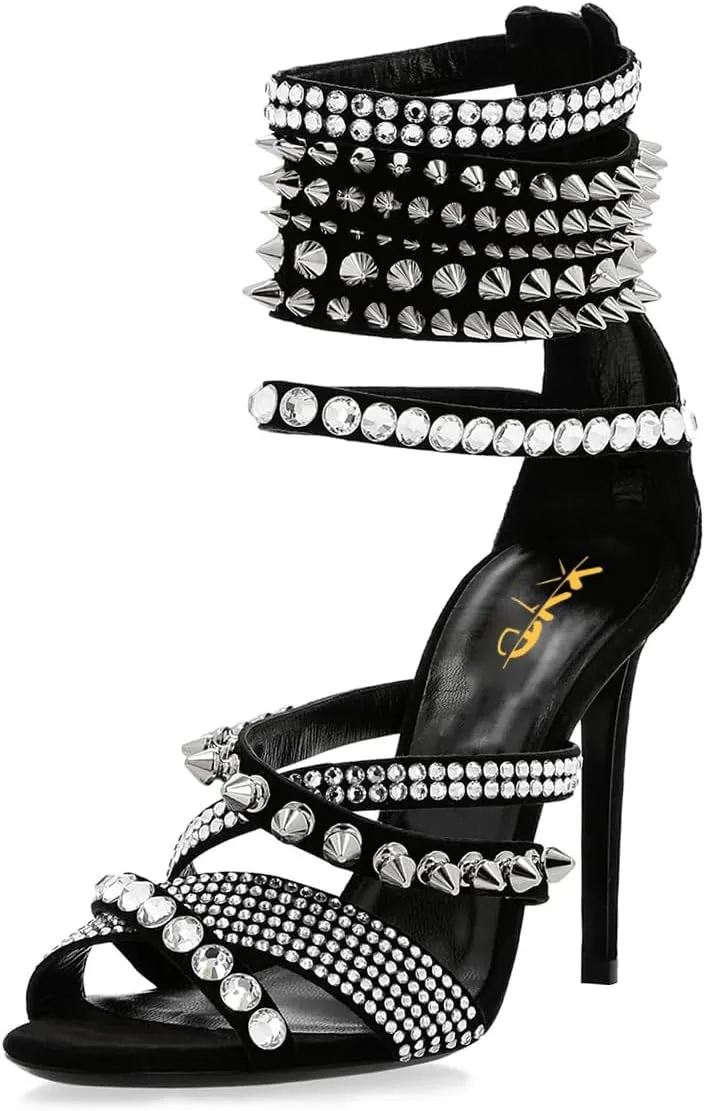 XYD Women Edgy Spikes Open Toe High Heels Sandals Rivets Crystals Back Zip Sharp Stiletto Pumps Nightclub Event Shoes
