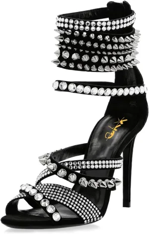 XYD Women Edgy Spikes Open Toe High Heels Sandals Rivets Crystals Back Zip Sharp Stiletto Pumps Nightclub Event Shoes