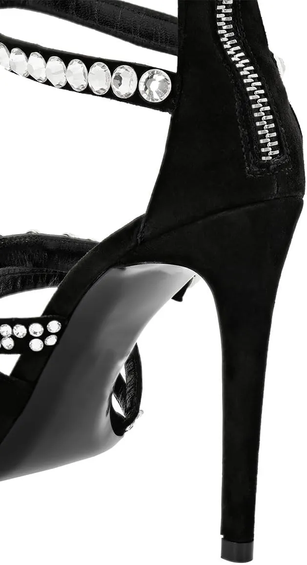 XYD Women Edgy Spikes Open Toe High Heels Sandals Rivets Crystals Back Zip Sharp Stiletto Pumps Nightclub Event Shoes