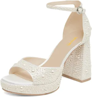 XYD Women Jeweled Round Open Toe Block Chunky Sandals High Heel Platform Buckled Ankle Strap Evening Crystal Shoes