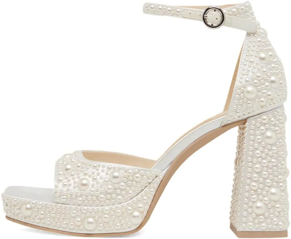 XYD Women Jeweled Round Open Toe Block Chunky Sandals High Heel Platform Buckled Ankle Strap Evening Crystal Shoes