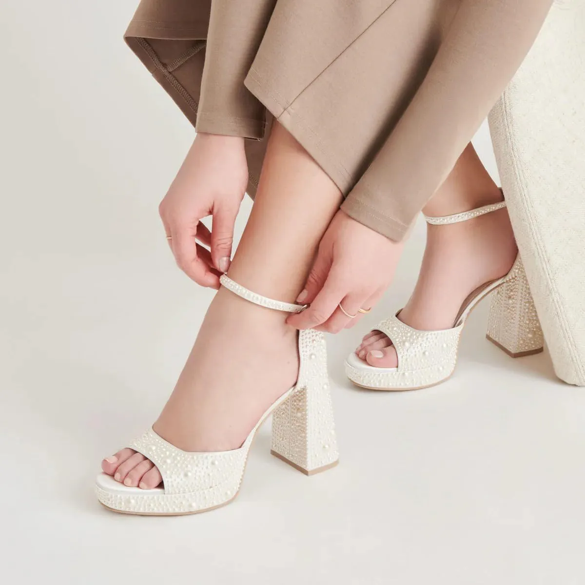 XYD Women Jeweled Round Open Toe Block Chunky Sandals High Heel Platform Buckled Ankle Strap Evening Crystal Shoes