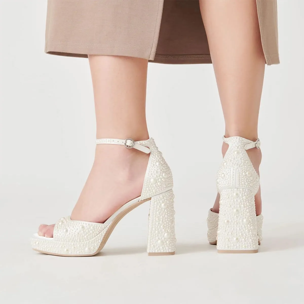 XYD Women Jeweled Round Open Toe Block Chunky Sandals High Heel Platform Buckled Ankle Strap Evening Crystal Shoes