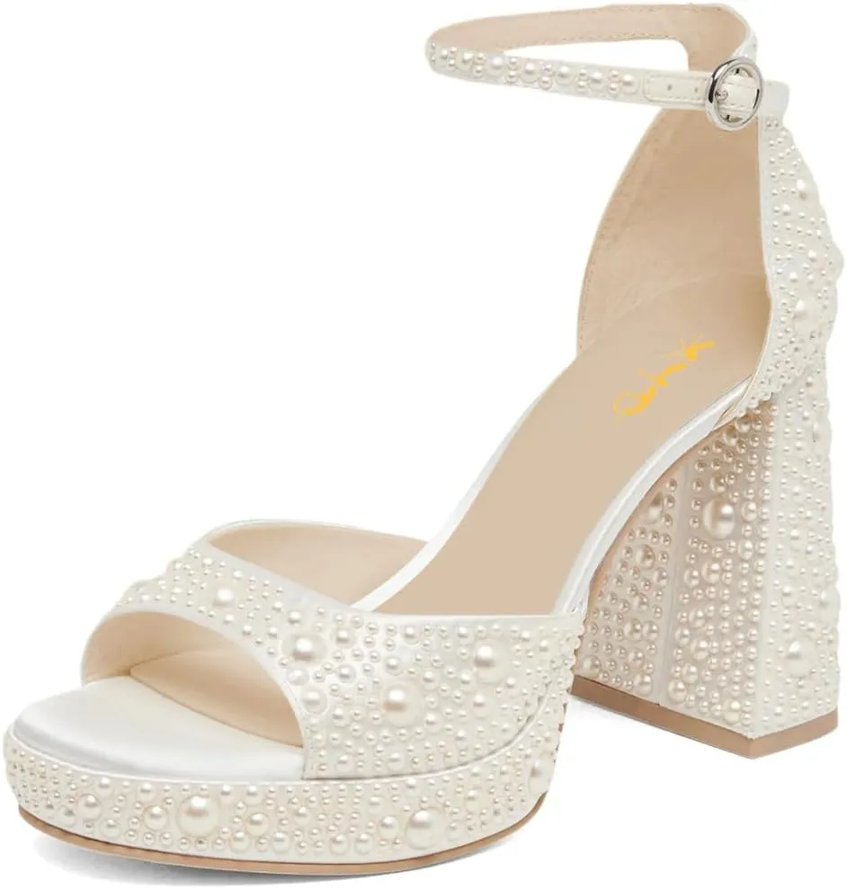 XYD Women Jeweled Round Open Toe Block Chunky Sandals High Heel Platform Buckled Ankle Strap Evening Crystal Shoes