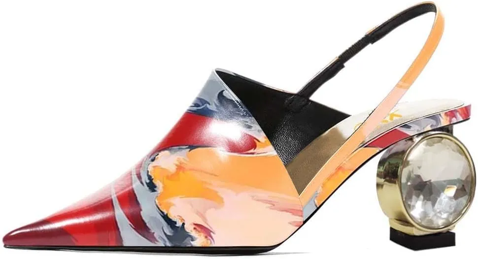 XYD Women Low Heel Edgy Pointed Toe Pumps Slip On Comfort Slingback Strap Crystal Chunky Heeled Sandals Party Fashion Show Shoes