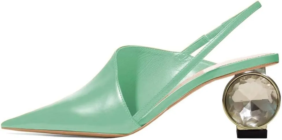 XYD Women Low Heel Edgy Pointed Toe Pumps Slip On Comfort Slingback Strap Crystal Chunky Heeled Sandals Party Fashion Show Shoes