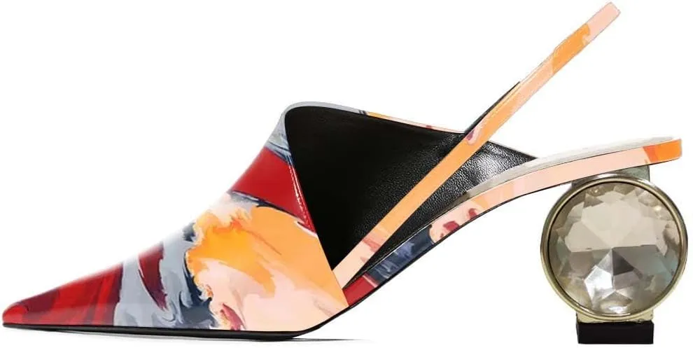 XYD Women Low Heel Edgy Pointed Toe Pumps Slip On Comfort Slingback Strap Crystal Chunky Heeled Sandals Party Fashion Show Shoes