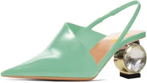XYD Women Low Heel Edgy Pointed Toe Pumps Slip On Comfort Slingback Strap Crystal Chunky Heeled Sandals Party Fashion Show Shoes
