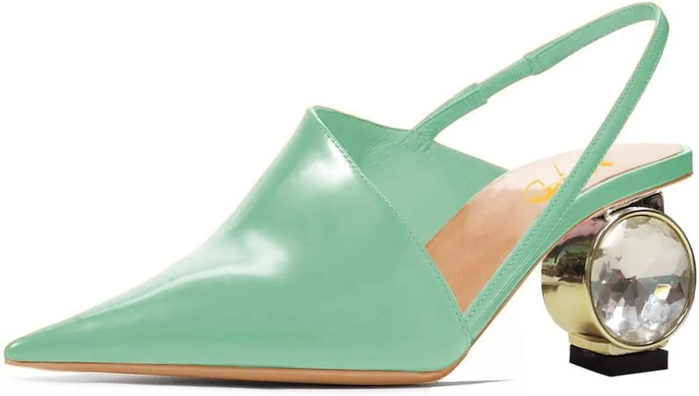 XYD Women Low Heel Edgy Pointed Toe Pumps Slip On Comfort Slingback Strap Crystal Chunky Heeled Sandals Party Fashion Show Shoes