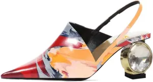 XYD Women Low Heel Edgy Pointed Toe Pumps Slip On Comfort Slingback Strap Crystal Chunky Heeled Sandals Party Fashion Show Shoes