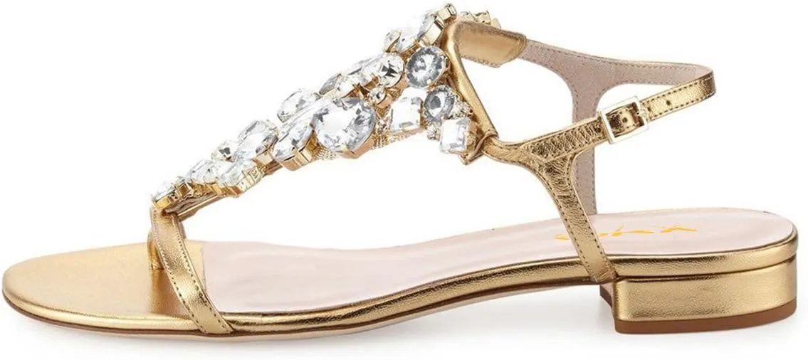 XYD Women T-Strap Flat Sandals Open Toe Rhinestone Slingback Low Heel Ankle Strap Summer Shoes