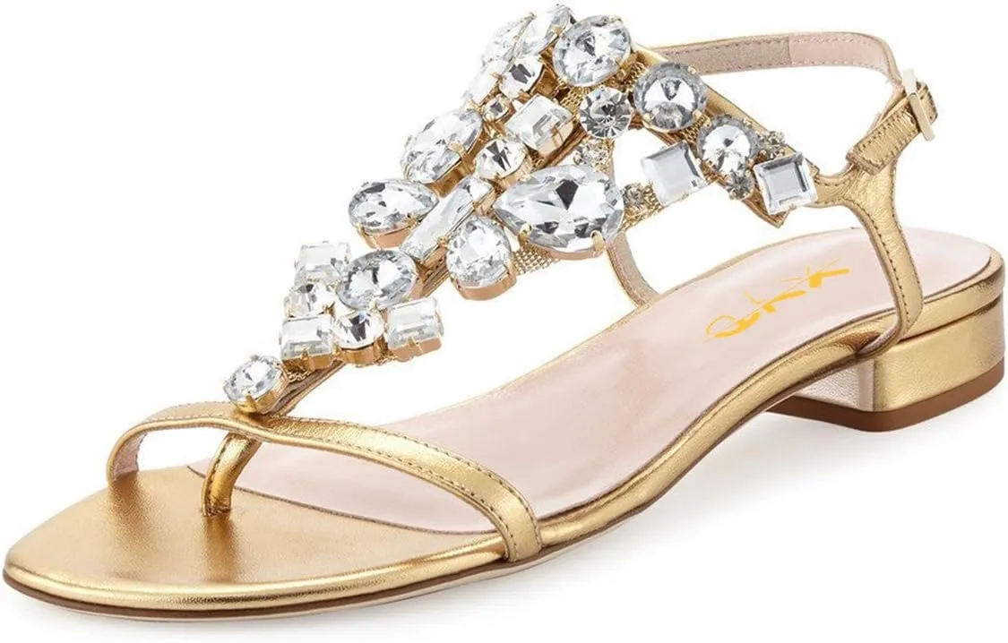 XYD Women T-Strap Flat Sandals Open Toe Rhinestone Slingback Low Heel Ankle Strap Summer Shoes