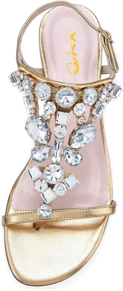 XYD Women T-Strap Flat Sandals Open Toe Rhinestone Slingback Low Heel Ankle Strap Summer Shoes