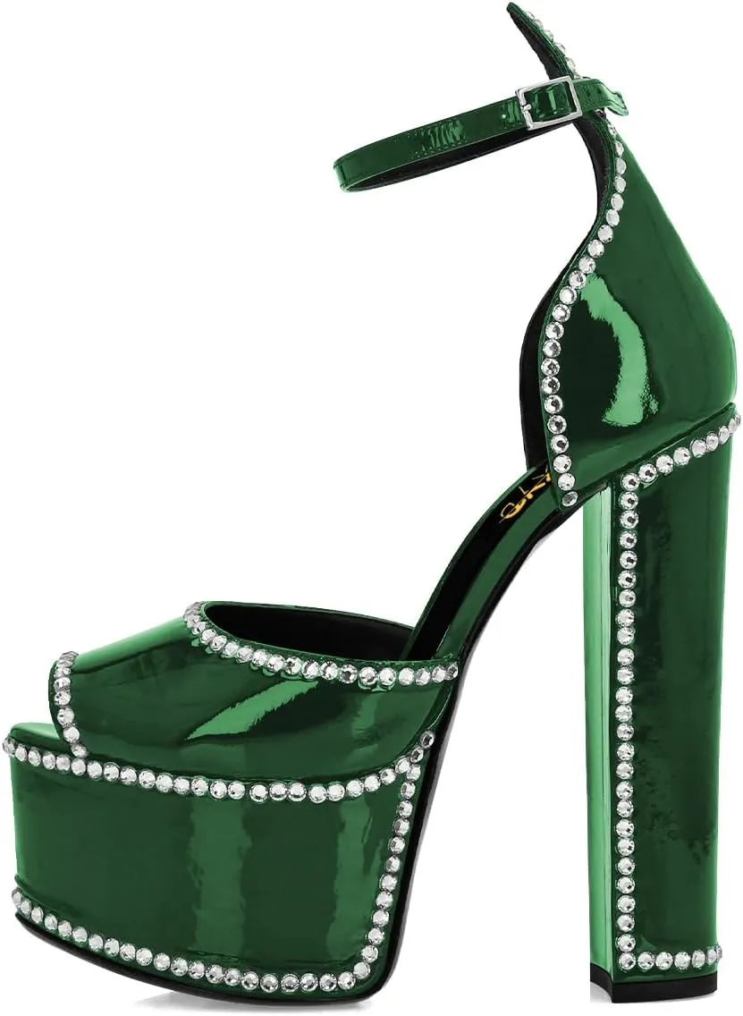 XYD Women's Platform Sandals Peep Toe Sexy Block High Heels Crystal Studs Ankle Strap Pumps Fashion Evening Event Club Shoes