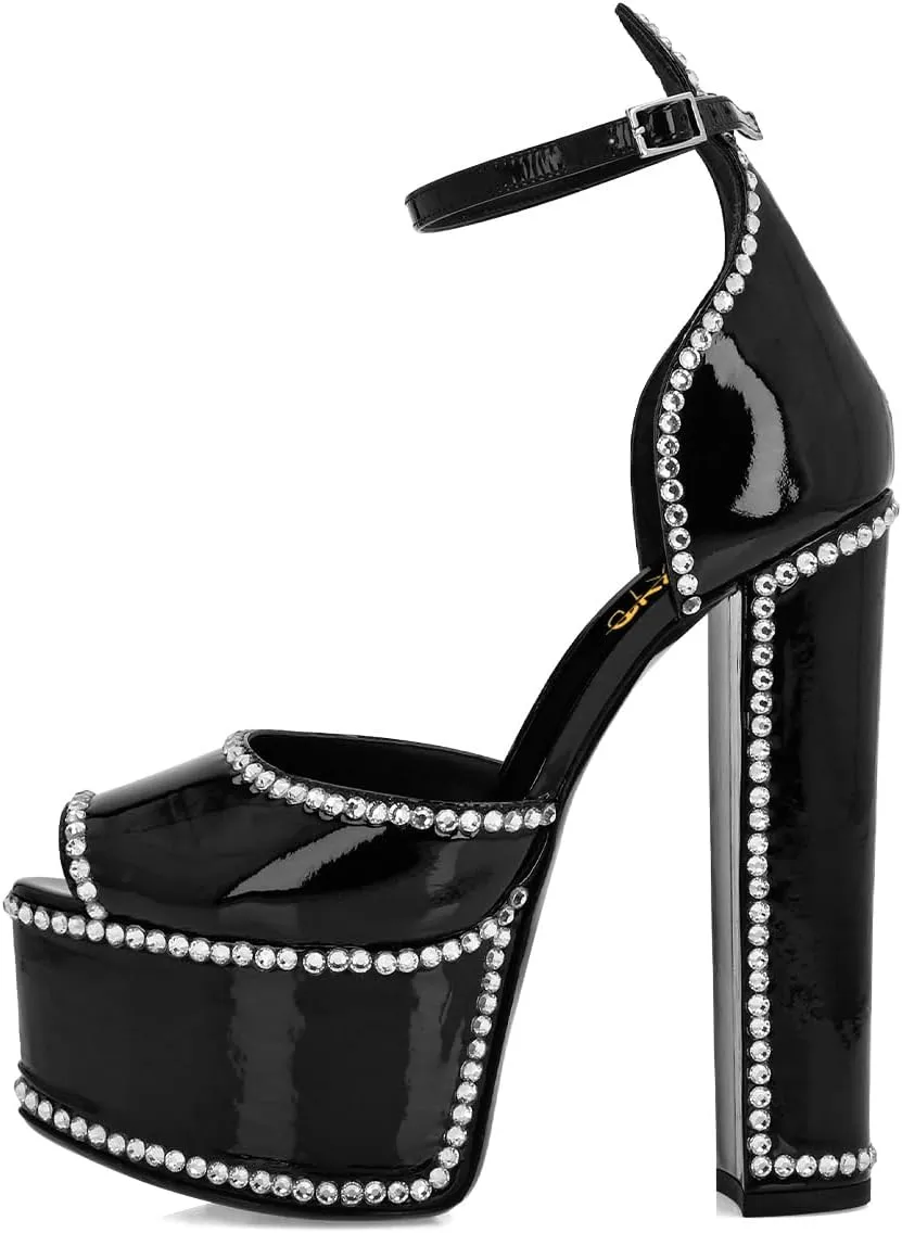 XYD Women's Platform Sandals Peep Toe Sexy Block High Heels Crystal Studs Ankle Strap Pumps Fashion Evening Event Club Shoes