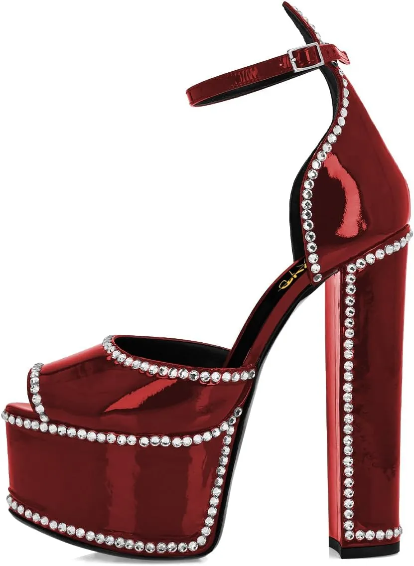 XYD Women's Platform Sandals Peep Toe Sexy Block High Heels Crystal Studs Ankle Strap Pumps Fashion Evening Event Club Shoes