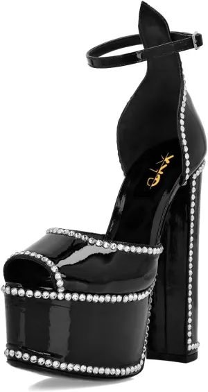 XYD Women's Platform Sandals Peep Toe Sexy Block High Heels Crystal Studs Ankle Strap Pumps Fashion Evening Event Club Shoes