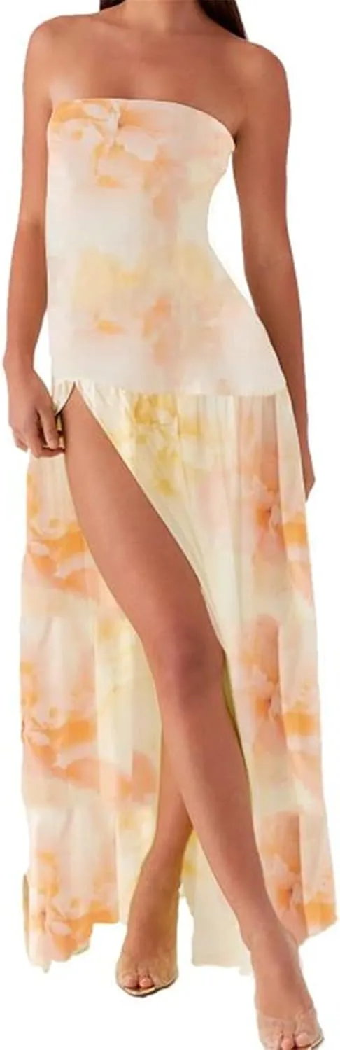Y2k Cut Out Strapless Maxi Dress for Women Satin Backless Tube Long Bodycon Dresses Sexy Cocktail Beach Sundress