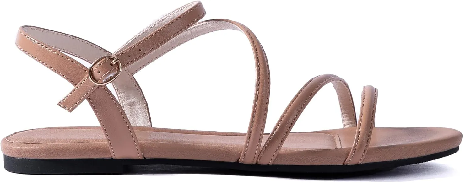 YANWENFANG Women Strappy Flat Sandals, Leather Dressy Summer Slides