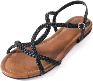 YANWENFANG Women's Strappy Flat Sandals, Adjustable Ankle Strap Gladiator Style, Summer Beach Casual Roman Gladiator Boho Beach Vacation Vintage Leather