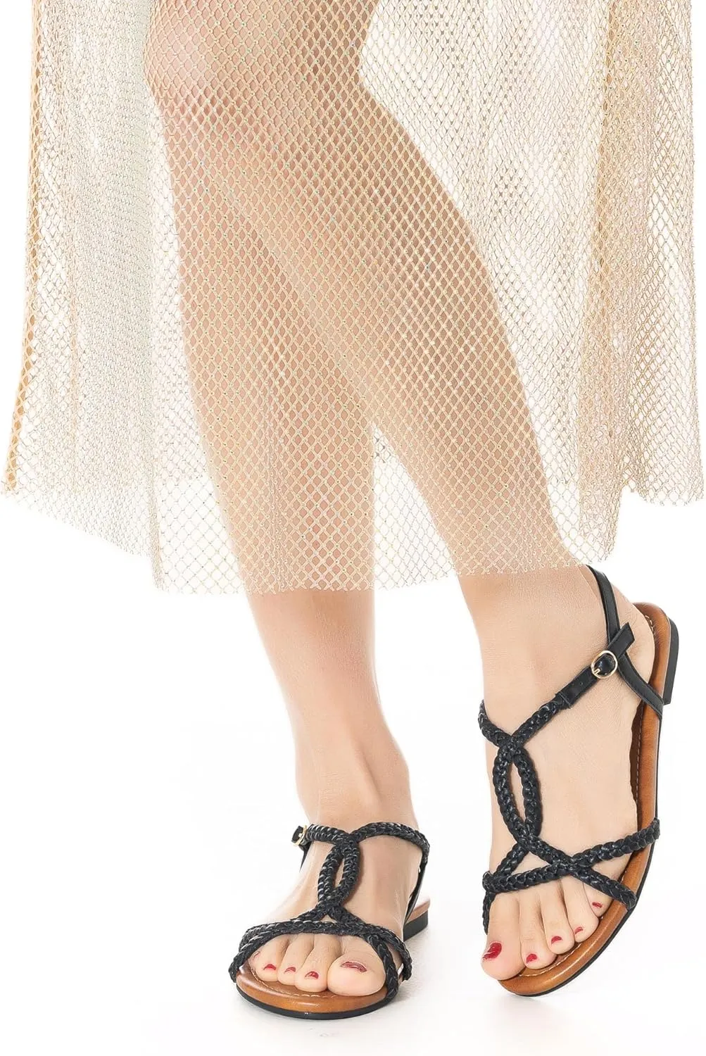 YANWENFANG Women's Strappy Flat Sandals, Adjustable Ankle Strap Gladiator Style, Summer Beach Casual Roman Gladiator Boho Beach Vacation Vintage Leather