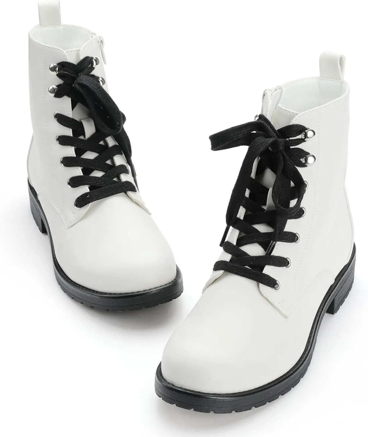 Yawors Ankle Combat Boots for Women Round Toe with Zipper Warm Breathble Lining Soft Insole Flat Lace up Booties for Girls Ladies Fall Winter