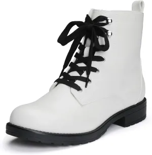Yawors Ankle Combat Boots for Women Round Toe with Zipper Warm Breathble Lining Soft Insole Flat Lace up Booties for Girls Ladies Fall Winter