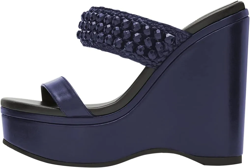 YDN Platform Wedge Heeled Sandals Mules for Women Open Toe Slip On Clogs Two Strap Slide lBackless Studded Rhinestone Summer Dress Shoes Size 4-15 US