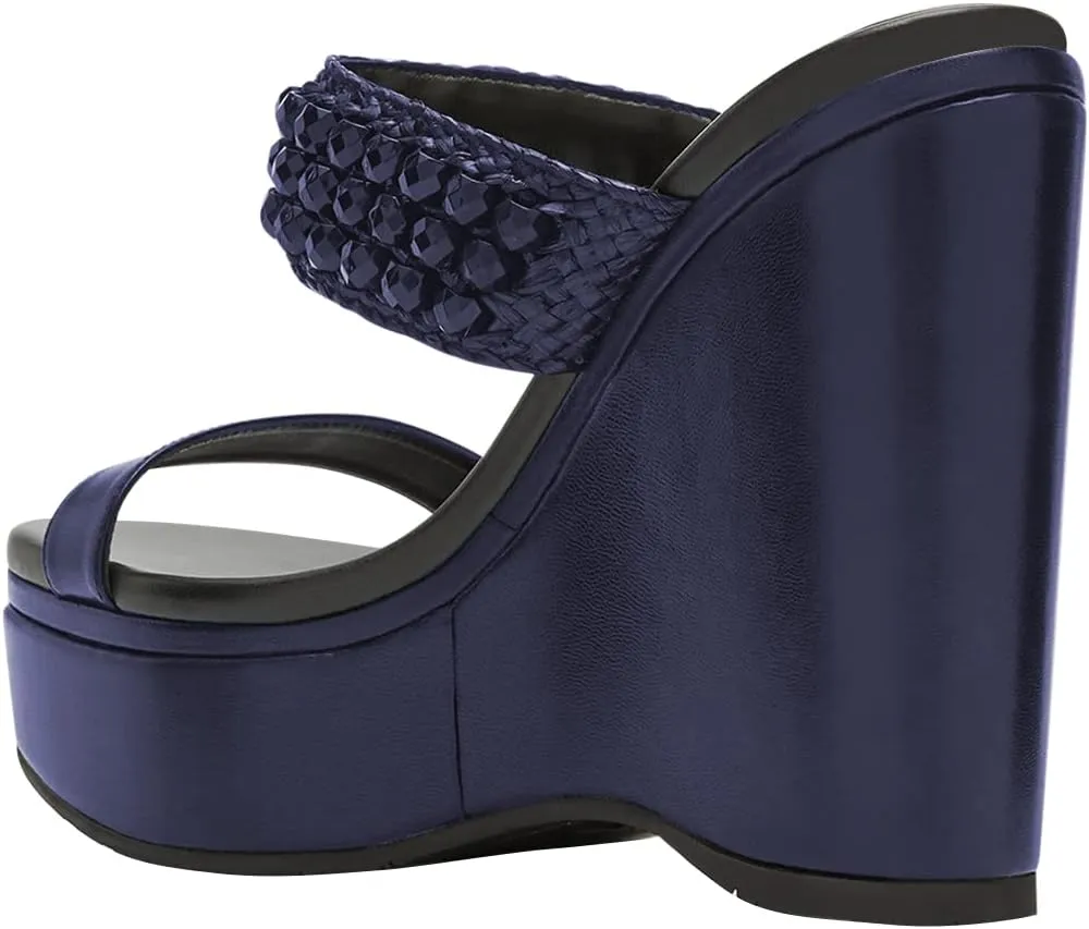 YDN Platform Wedge Heeled Sandals Mules for Women Open Toe Slip On Clogs Two Strap Slide lBackless Studded Rhinestone Summer Dress Shoes Size 4-15 US
