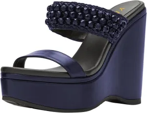 YDN Platform Wedge Heeled Sandals Mules for Women Open Toe Slip On Clogs Two Strap Slide lBackless Studded Rhinestone Summer Dress Shoes Size 4-15 US