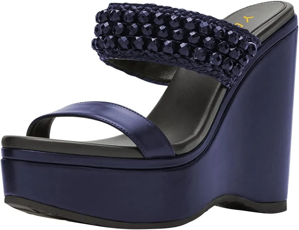 YDN Platform Wedge Heeled Sandals Mules for Women Open Toe Slip On Clogs Two Strap Slide lBackless Studded Rhinestone Summer Dress Shoes Size 4-15 US