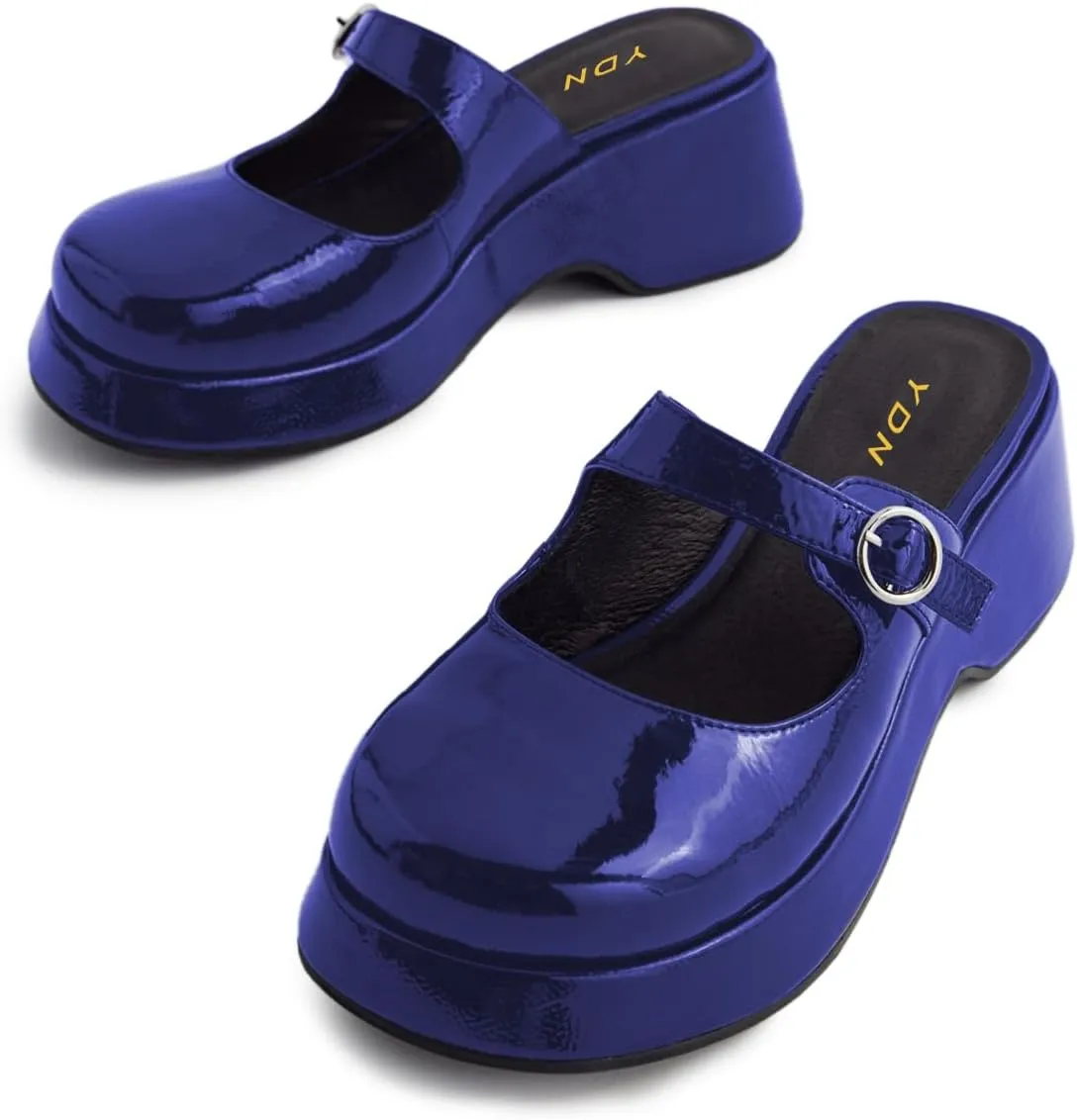 YDN Women Buckle Mules Ankle Strap Slippers Slip On Sandals Platform Wedge Low Heels Closed Round Toe Shoes Party Shopping Indoor Size 4-16 US